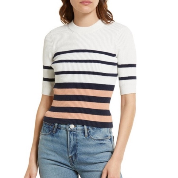 Frame Ribbed Sweater White Stripe Fitted Short Sleeve Pink Clay Multi Large M1 - Picture 1 of 7